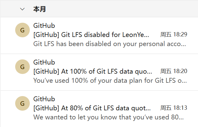 如果不慎上传了LFS，Github就会给你发邮件提醒你充钱